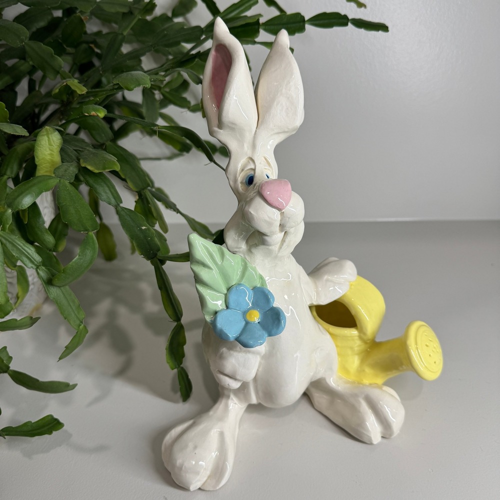 Vintage Michael Ezzell Signed Whimsical Ceramic Bunny Figurine Easter Decor EUC